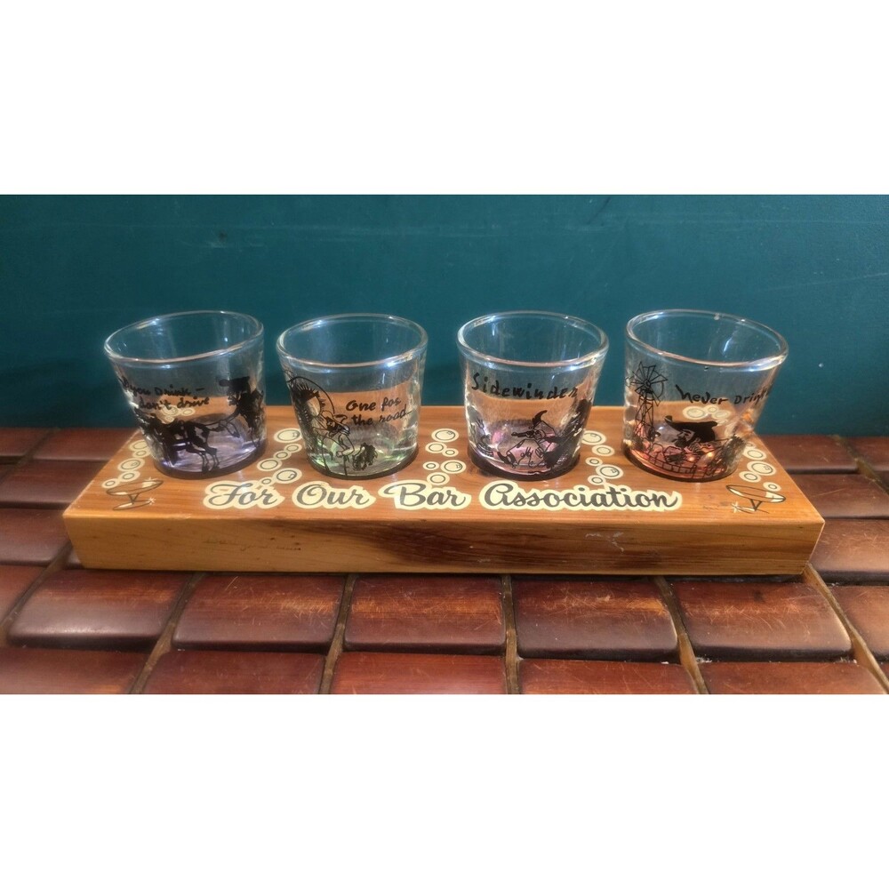 For Our Bar Association 4 Shot Glass Set with Cedar Wood Holder Vintage